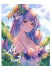  1girl bangs bikini flower flower_armlet flower_bikini hair_flower hair_ornament highres long_hair looking_at_viewer looking_to_the_side macross macross_delta mikumo_guynemer polaroid purple_hair red_eyes shimatani_azu smile solo swimsuit symbol_commentary 