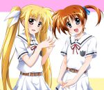  2girls :d bangs belt blonde_hair blue_eyes blue_ribbon brown_belt brown_hair commentary_request dress eyebrows_visible_through_hair fate_testarossa fingers_together hair_ribbon highres interlocked_fingers long_hair looking_at_viewer lyrical_nanoha mahou_shoujo_lyrical_nanoha_reflection multiple_girls neck_ribbon open_mouth own_hands_together pleated_dress red_eyes ribbon sailor_collar sailor_dress school_uniform seishou_middle_school_uniform short_dress short_hair short_sleeves smile standing takamachi_nanoha twintails white_ribbon white_sailor_collar yorousa_(yoroiusagi) 