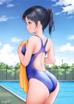  1girl artist_name ass back_cutout black_hair blue_eyes blue_sky blue_swimsuit bush chain-link_fence cloud commentary_request competition_swimsuit cowboy_shot day fence hanafuda_sakura long_hair one-piece_swimsuit orange_towel original ponytail pool profile sky solo swimsuit twitter_username 