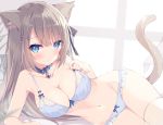  1girl animal_ear_fluff animal_ears bangs bare_arms bare_shoulders bed_sheet bell bell_collar blue_bra blue_collar blue_eyes blue_panties blush bow bow_bra bow_panties bra breasts brown_hair cat_ears cat_girl cat_tail closed_mouth collar collarbone eyebrows_visible_through_hair frilled_panties frills hair_between_eyes hair_ornament hairclip hoshi_(snacherubi) jingle_bell long_hair looking_at_viewer lying mole mole_on_breast navel on_side original panties solo tail thighhighs underwear underwear_only very_long_hair white_legwear window 