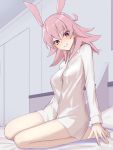  1girl blush dress_shirt elfenlied22 fate/grand_order fate_(series) head_tilt head_wings highres hildr_(fate/grand_order) indoors looking_at_viewer medium_hair naked_shirt on_bed pink_hair red_eyes room shirt sitting sitting_on_bed smile solo valkyrie_(fate/grand_order) wariza white_shirt 