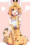  1girl :3 absurdres animal_ears bare_shoulders between_legs blonde_hair blush bow bowtie commentary_request cowboy_shot elbow_gloves extra_ears fang gloves hair_ornament hairclip hand_between_legs high-waist_skirt highres kemono_friends one_eye_closed open_mouth print_gloves print_neckwear print_skirt serval_(kemono_friends) serval_ears serval_girl serval_print serval_tail shirt short_hair skirt sleeveless solo tail takosuke0624 white_shirt yawning yellow_eyes 