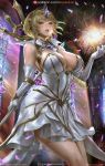  blonde_hair blue_eyes breasts cleavage dress elbow_gloves elementalist_lux gloves large_breasts league_of_legends lexaiduer light_elementalist_lux looking_at_viewer low_neckline luxanna_crownguard magic signature stained_glass tagme tiara wand white_dress white_gloves 