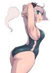  1girl ahoge alternate_costume armpits arms_behind_head ass back back_cutout bangs bare_shoulders black_bow black_hairband blush bob_cut bow breasts clothing_cutout commentary enajii ghost green_swimsuit hair_bow hairband highres hitodama konpaku_youmu konpaku_youmu_(ghost) looking_at_viewer medium_breasts open_mouth short_hair shoulder_blades sideboob silver_hair simple_background solo standing sweatdrop swimsuit thighs touhou white_background 