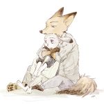 1:1 2020 anthro barefoot brown_body brown_fur canid canine clothed clothing disney duo fox fully_clothed fur grey_body grey_fur hi_res judy_hopps lagomorph leporid mammal nick_wilde noko_ume on_lap rabbit red_fox simple_background sitting_on_lap white_background zootopia 