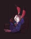  2020 ambiguous_gender anthro barefoot bottomwear clothed clothing controller dipstick_ears disney female_(lore) fluttershythekind fully_clothed fur game_controller grey_body grey_fur hi_res holding_controller holding_game_controller holding_object hoodie judy_hopps lagomorph leporid light lighting mammal multicolored_ears nintendo nintendo_switch pants rabbit sitting solo topwear video_games zootopia 