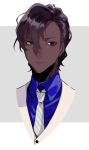  1boy alternate_costume alternate_hairstyle arjuna_(fate/grand_order) bangs black_eyes blue_shirt brown_hair close-up dark_skin dark_skinned_male face fate/grand_order fate_(series) hair_between_eyes highres hukahire0313 looking_to_the_side male_focus necktie shiny shiny_hair shirt simple_background solo swept_bangs upper_body 