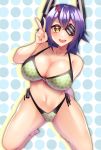  1girl bikini breasts commentary_request eyepatch floral_print full_body green_bikini headgear highleg highleg_bikini highleg_swimsuit highres kantai_collection kneeling large_breasts looking_at_viewer open_mouth polka_dot polka_dot_background purple_hair short_hair side-tie_bikini smile solo swimsuit tenryuu_(kantai_collection) upper_teeth v white_background yellow_eyes yuudadou 