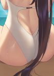  1girl ass azur_lane beach black_hair blue_sky casual_one-piece_swimsuit from_behind highres horizon jmao long_hair ocean one-piece_swimsuit outdoors ponytail sky solo swimsuit takao_(azur_lane) takao_(beach_rhapsody)_(azur_lane) white_swimsuit 