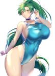  1girl bangs bare_shoulders blue_swimsuit blush breasts choker closed_mouth collarbone covered_navel fire_emblem fire_emblem:_the_blazing_blade green_eyes green_hair high_ponytail highleg highleg_swimsuit huge_breasts kumakichi_(cost-lost) long_hair looking_at_viewer lyn_(fire_emblem) one-piece_swimsuit simple_background smile swimsuit thighs very_long_hair white_background 