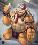  2019 4_fingers abs absurd_res anthro biped bna_v5 bowser clothing condom detailed_background digital_media_(artwork) dr._bowser fingers front_view hair hi_res horn kneeling koopa looking_at_viewer male mario_bros muscular muscular_anthro muscular_male necktie nintendo nipples pecs red_eyes red_hair reptile scalie sex_toy sexual_barrier_device smile solo thong underwear video_games 