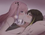  2girls bangs bare_shoulders bed_sheet blue_eyes blush brown_eyes brown_hair closed_mouth commentary_request embarrassed eyebrows_visible_through_hair face-to-face girls_frontline green_hair grey_shirt hair_between_eyes hair_ornament highres imminent_kiss lips long_hair looking_at_another lying lying_on_person m4a1_(girls_frontline) multicolored_hair multiple_girls on_back pink_hair purple_hair shirt side_ponytail sidelocks simple_background sleeveless sleeveless_shirt st_ar-15_(girls_frontline) streaked_hair sui_(camellia) sweat yuri 