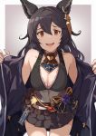  1girl animal_ears bags_under_eyes bangs bare_shoulders black_hair breasts brown_neckwear cleavage ear_piercing earrings erune flower granblue_fantasy hair_between_eyes hinami_(hinatamizu) jewelry long_hair looking_at_viewer nier_(granblue_fantasy) open_mouth piercing purple_flower purple_rose red_eyes robe rose skirt solo sweat 