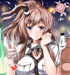  1girl artist_logo blue_eyes bottle breast_pocket breasts brown_hair commentary_request cup dress drinking_glass glass highres kantai_collection kentan_(kingtaiki) large_breasts long_hair looking_at_viewer pocket ponytail saratoga_(kantai_collection) side_ponytail smile smokestack smokestack_hair_ornament solo upper_body white_dress wine_glass 