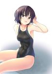  1girl amagami black_hair black_swimsuit breasts brown_eyes collarbone competition_swimsuit cowboy_shot fujisawa_takashi highres looking_at_viewer medium_breasts nanasaki_ai one-piece_swimsuit shadow short_hair simple_background sitting solo swimsuit white_background 