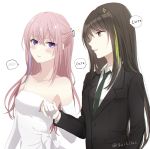  2girls artist_name bangs bare_shoulders black_jacket black_suit blush bow brown_eyes brown_hair buttons closed_mouth collar collarbone collared_shirt commentary_request dress elbow_gloves embarrassed eyebrows_visible_through_hair formal girls_frontline gloves green_hair grey_neckwear hair_between_eyes hair_ornament highres holding holding_hands jacket lips long_hair looking_at_another looking_at_viewer m4a1_(girls_frontline) multicolored_hair multiple_girls necktie off-shoulder_dress off_shoulder parted_lips pink_hair pocket purple_eyes purple_hair shirt sidelocks simple_background smile sparkle st_ar-15_(girls_frontline) streaked_hair sui_(camellia) suit sweat talking two-tone_hair upper_body white_background white_bow white_dress white_gloves white_shirt 