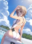  1girl ass back backless_swimsuit bangs blue_sky blurry blurry_background brown_eyes closed_mouth cloud cloudy_sky competition_swimsuit crotch_seam day depth_of_field diving_block from_behind hand_in_hair kiryuu_takahisa light_brown_hair looking_at_viewer looking_back one-piece_swimsuit original outdoors pool short_hair sitting sky smile solo swimsuit white_swimsuit 