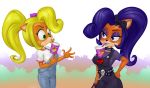  activision anthro bandicoot beverage breasts bubble_tea_challenge clothing coco_bandicoot collar crash_bandicoot_(series) duo evil_coco female goth hair hi_res mammal mario-grant marsupial overalls ponytail spiked_collar spikes square_crossover video_games 