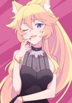  1girl ;d animal_ear_fluff animal_ears bangs black_dress blonde_hair blue_eyes bow bracelet caracal_ears dress e20 finger_to_mouth hair_flaps jewelry long_hair looking_at_viewer nail_polish one_eye_closed open_mouth ponytail rararin_(show_by_rock!!) red_bow red_nails show_by_rock!! sidelocks sleeveless sleeveless_dress smile solo upper_body very_long_hair 