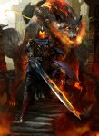  1boy animal armor artorias_the_abysswalker blue_cape breathing_fire cape cloud cloudy_sky dark_souls day debris embers faceless fangs fire fire_body flaming_eyes flaming_sword flaming_weapon full_armor great_grey_wolf_sif grey_wolf highres kekai_kotaki knight light_rays long_sword looking_at_viewer oversized_animal ruins severed_arm severed_limb shield sky souls_(from_software) stairs standing sunlight tagme torn_cape torn_clothes tree wolf 