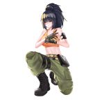  1girl bare_shoulders befe blue_eyes blue_hair boots breasts camouflage camouflage_pants cleavage combat_boots earrings gloves highres jewelry leona_heidern military military_uniform pants pouch snk soldier solo tank_top the_king_of_fighters the_king_of_fighters_xiv uniform white_background yellow_tank_top 