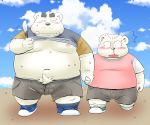  2020 anthro belly blood blush bodily_fluids bulge clothed clothing duo hand_holding kemono male male/male mammal moobs navel nipples nosebleed open_shirt outside overweight overweight_male polar_bear pubes shirt shots sweat topwear toshi_(artist) ursid ursine 