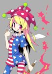  1girl :q american_flag_dress american_flag_legwear asameshi blonde_hair blush_stickers clownpiece commentary cowboy_shot fairy_wings grey_background hand_up hat holding holding_torch jester_cap long_hair looking_at_viewer neck_ruff polka_dot_headwear purple_headwear red_eyes short_sleeves smile solo star_(symbol) star_in_eye symbol_in_eye tongue tongue_out torch touhou wings 