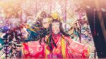  1boy 1girl absurdres bangs blunt_bangs blurry blurry_background blurry_foreground brown_hair chinese_commentary closed_eyes commentary_request depth_of_field eyeshadow facial_hair facing_viewer flower hair_ornament headpiece highres japanese_clothes kimono long_hair long_sleeves makeup mustache obi onmyoji pink_kimono pointy_ears resized sash say_hana smile tassel upscaled waifu2x wide_sleeves 