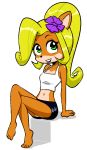 accessory activision anthro bandicoot barefoot blonde_hair bottomwear clothing coco_bandicoot crash_bandicoot_(series) female flower flower_in_hair green_eyes hair hair_accessory mammal mario-grant marsupial midriff miniskirt navel plant ponytail shirt simple_background sitting skirt solo tank_top topwear video_games white_background 
