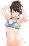  1girl bottomless bra breasts brown_hair closed_eyes gintama groin hair_tie hair_tie_in_mouth hairdressing hand_in_hair highres kobaji mouth_hold navel shimura_tae solo tying_hair underwear white_background 