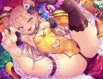  1girl :d animal_ears anus_peek ass azur_lane bache_(azur_lane) bare_shoulders black_legwear blush breasts china_dress chinese_clothes commentary_request double_bun dress fan fangs flower fur_trim hair_ornament high_heels long_hair looking_at_viewer lying navel on_back open_mouth purple_eyes purple_nails shoes_removed single_thighhigh small_breasts smile spread_legs star-shaped_pupils star_(symbol) symbol-shaped_pupils thigh_strap thighhighs toraishi_666 yellow_footwear 