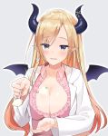  1girl absurdres asymmetrical_bangs bangs bat_wings blonde_hair blue_eyes blush breasts cleavage coat collared_shirt commentary demon_horns eyebrows_visible_through_hair feeding food grey_background highres holding holding_spoon hololive horns ice_cream labcoat large_breasts long_hair looking_at_viewer open_clothes open_mouth open_shirt parted_bangs pink_shirt pointy_ears pov satobitob sexually_suggestive shirt simple_background smile solo spill spoon upper_body virtual_youtuber white_coat wing_collar wings yuzuki_choco 