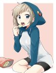  1girl bike_shorts blonde_hair blush chips choker earrings eyebrow_piercing fang food hood hood_up hoodie jessica_(roku_kyuu) jewelry open_mouth original piercing platinum_blonde_hair potato_chips roku_kyuu sitting 