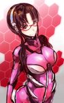  aco_(koaya_ako) bodysuit breasts brown_eyes brown_hair evangelion:_2.0_you_can_(not)_advance glasses hairband large_breasts long_hair makinami_mari_illustrious neon_genesis_evangelion pink_bodysuit plugsuit rebuild_of_evangelion skin_tight smile solo twintails 