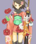  animal_ears black_hair blush breasts brown_eyes cleavage flower fox_ears fox_tail hair_flower hair_ornament hair_up hitodama izuna_jinkuro japanese_clothes katana kimono kongiku lantern large_breasts leaf leaf_on_head long_hair momohime multiple_girls obi oboro_muramasa orange_eyes ponytail sash short_kimono silver_hair smile sword tail thighhighs tsukiya_(03212014) weapon 