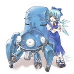  blue_eyes blue_hair bow cirno crossover ghost_in_the_shell ghost_in_the_shell_stand_alone_complex hair_bow highres mary_janes minozzino robot shoes short_hair solo tachikoma touhou wings 