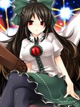  arm_cannon bad_id bad_pixiv_id black_legwear bow brown_hair crossed_legs eyes green_bow hair_bow hands highres large_bow long_hair open_mouth pantyhose red_eyes reiuji_utsuho shirt sitting solo taut_clothes taut_shirt touhou tsukumiya_amane weapon wings 
