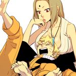  1girl barefoot between_breasts blonde_hair breast_pillow breasts chin_rest cleavage closed_eyes facial_mark feet forehead_mark hoshino_lily jewelry large_breasts leg_up lips lipstick looking_down makeup naruto naruto_(series) necklace open_mouth pendant red_eyes simple_background spiked_hair tsunade turtleneck uzumaki_naruto whisker_markings 