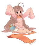  age_regression ahoge arms_up barefoot bloomers blush brown_hair bukako child futaba_channel kneeling legs long_hair maji_kimoi okishiji_en oversized_clothes scarf sleeves_past_fingers sleeves_past_wrists solo underwear younger 