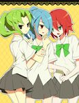  3boys blue_hair crossdress crossdressing green_hair hair_over_one_eye inazuma_eleven inazuma_eleven_(series) kazemaru_ichirouta kiyama_hiroto long_hair male male_focus midorikawa_ryuuji multiple_boys ponytail red_hair redhead short_hair skirt trap uniform 