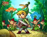  acorn belt black_eyes blonde_hair boots covering_mouth ezlo flower foreshortening hat holding holding_sword holding_weapon left-handed link looking_back miniboy mushroom official_art open_mouth plant pointy_ears shield surprised sword the_legend_of_zelda the_legend_of_zelda:_the_minish_cap toon_link wallpaper watermark weapon 