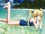  arm_support artist_request beach blonde_hair blue_eyes chin_rest da_capo da_capo_i day forest highres leg_up lying nature ocean on_stomach one-piece_swimsuit one_eye_closed outdoors palm_tree sandals school_swimsuit smile solo submerged swimsuit tree twintails wallpaper water yoshino_sakura 
