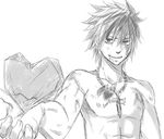  abs bad_id bad_pixiv_id cross fairy_tail foreshortening gray_fullbuster greyscale hands heart ice jewelry male_focus monochrome necklace nipples shirtless sketch smile solo spiked_hair sword tattoo weapon 