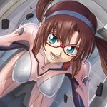  :d absurdres bad_id bad_pixiv_id bangs blue_eyes blush bodysuit breasts breasts_apart brown_hair cockpit covered_nipples cowboy_shot dutch_angle evangelion:_2.0_you_can_(not)_advance floating_hair from_above glasses hamoto happy highres impossible_bodysuit impossible_clothes large_breasts long_hair looking_at_viewer looking_up low_twintails makinami_mari_illustrious neon_genesis_evangelion nose_blush number open_mouth parted_bangs pilot_suit pink_bodysuit plugsuit rebuild_of_evangelion red-framed_eyewear sidelocks sitting skin_tight smile solo sparkle twintails 