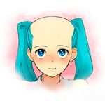  alternate_hairstyle bald bald_girl bald_spot blue_hair blush hatsune_miku parody simple_background solo tsukuru_(seki_sabato) twintails vocaloid 