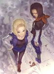  1girl android_17 android_18 blonde_hair blue_eyes boots brother_and_sister brown_hair collarbone dragon_ball dragon_ball_z highres katsutake looking_back pantyhose pencil_skirt short_hair siblings skirt white_eyes 