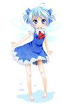  :o ahoge alternate_hairstyle bad_id bad_pixiv_id barefoot blue_eyes blue_hair bow cirno feet full_body hair_bow jigatei_(omijin) legs outstretched_arms short_hair short_twintails solo spread_arms standing touhou twintails wings 