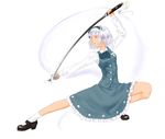  colored_eyelashes dress dual_wielding eyelashes fighting_stance ghost hairband holding katana konpaku_youmu konpaku_youmu_(ghost) mary_janes muhamado red_eyes shoes short_hair silver_hair solo sword touhou vest weapon 