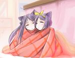  animal_ears blanket cat_ears hiiragi_kagami hiiragi_tsukasa jason_(kaiten_kussaku_kikou) kemonomimi_mode long_hair lucky_star multiple_girls purple_hair ribbon room short_hair sleeping under_covers 