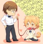  1girl ainya02 animal_ears bad_id bad_pixiv_id blush chibi collar couple dog_ears dog_tail hair_ornament hairpin hetero inami_mahiru leash orange_eyes orange_hair short_hair tail takanashi_souta tears waitress working!! 